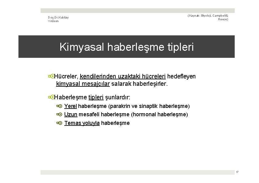 Doç. Dr. Kubilay Yıldırım (Kaynak: Biyoloji, Campbell & Reece) Kimyasal haberleşme tipleri ¤ Hücreler,