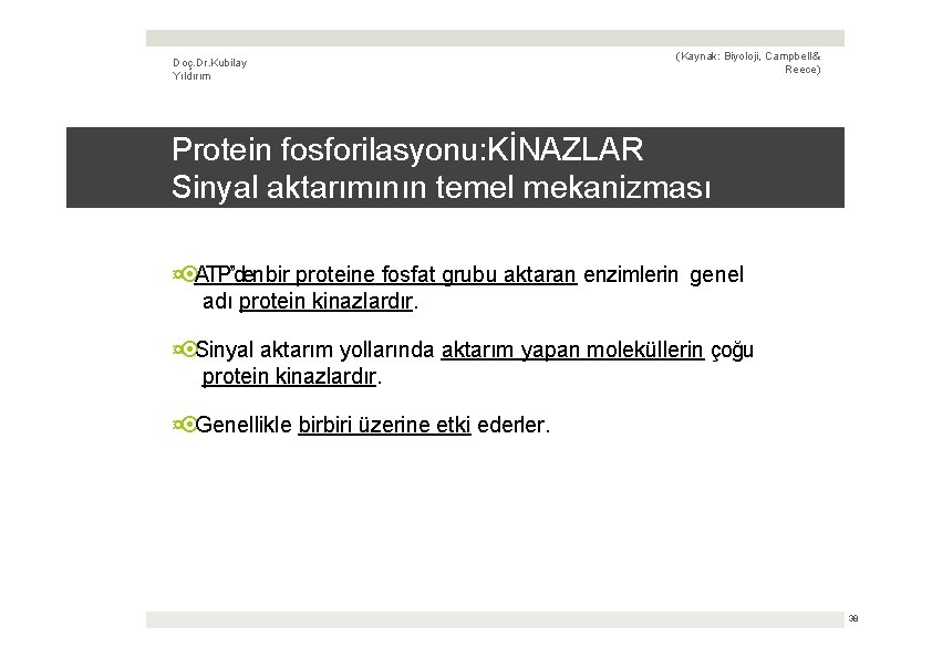 Doç. Dr. Kubilay Yıldırım (Kaynak: Biyoloji, Campbell & Reece) Protein fosforilasyonu: KİNAZLAR Sinyal aktarımının