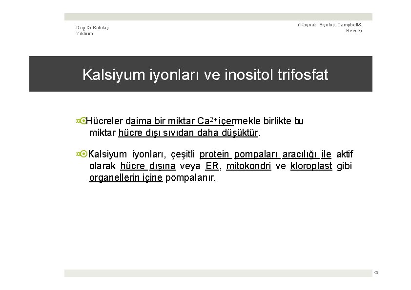 Doç. Dr. Kubilay Yıldırım (Kaynak: Biyoloji, Campbell & Reece) Kalsiyum iyonları ve inositol trifosfat