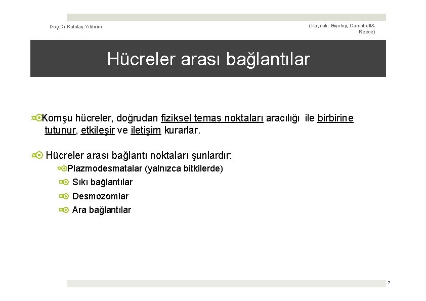 (Kaynak: Biyoloji, Campbell & Reece) Doç. Dr. Kubilay Yıldırım Hücreler arası bağlantılar ¤ Komşu