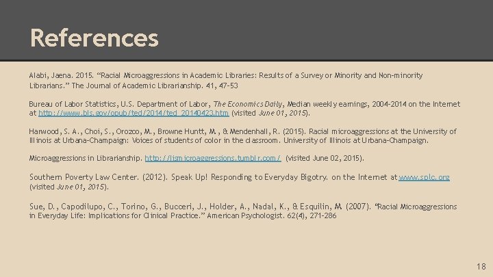 References Alabi, Jaena. 2015. “Racial Microaggressions in Academic Libraries: Results of a Survey or