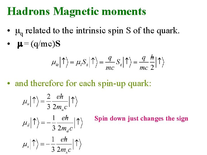 Hadrons Magnetic moments • mq related to the intrinsic spin S of the quark.