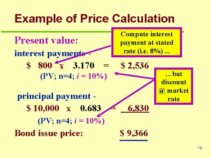 Example of Price Calculation Present value: interest payments $ 800 x 3. 170 =