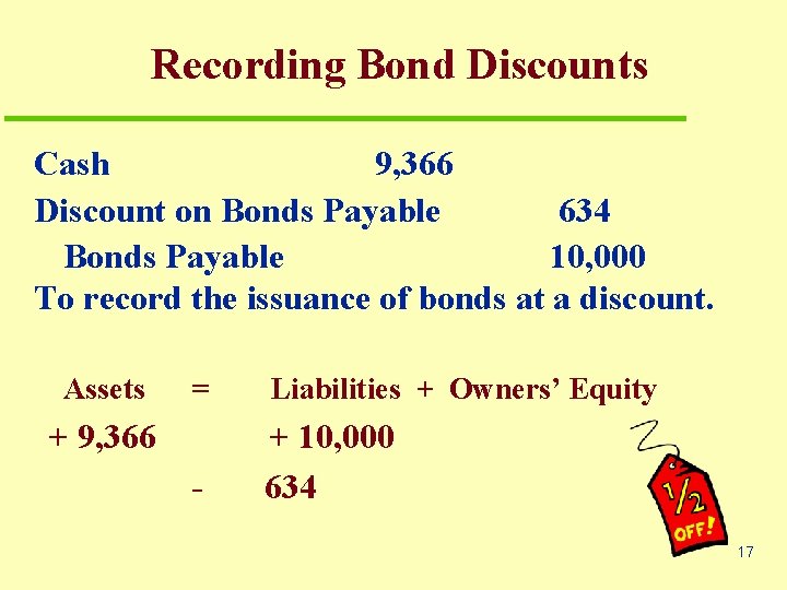 Recording Bond Discounts Cash 9, 366 Discount on Bonds Payable 634 Bonds Payable 10,