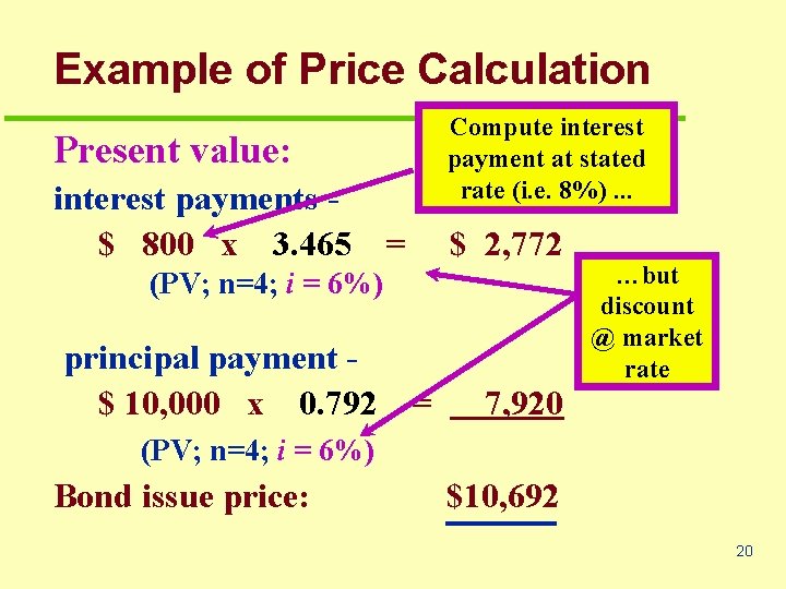 Example of Price Calculation Present value: interest payments $ 800 x 3. 465 =
