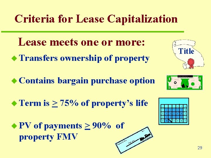 Criteria for Lease Capitalization Lease meets one or more: u Transfers u Contains u