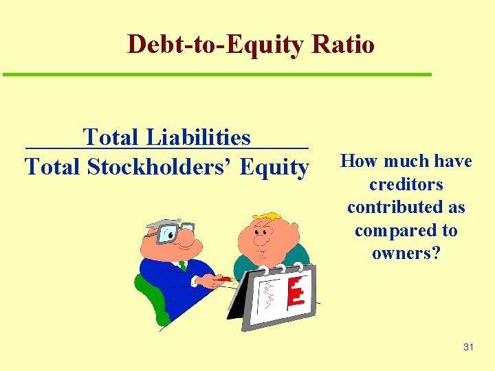 Debt-to-Equity Ratio Total Liabilities Total Stockholders’ Equity How much have creditors contributed as compared