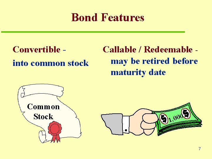 Bond Features Convertible into common stock Common Stock Callable / Redeemable may be retired