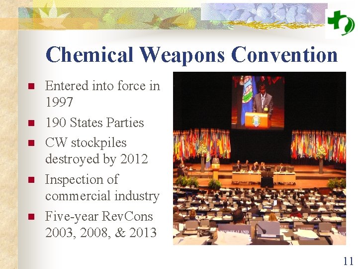 Chemical Weapons Convention n n Entered into force in 1997 190 States Parties CW