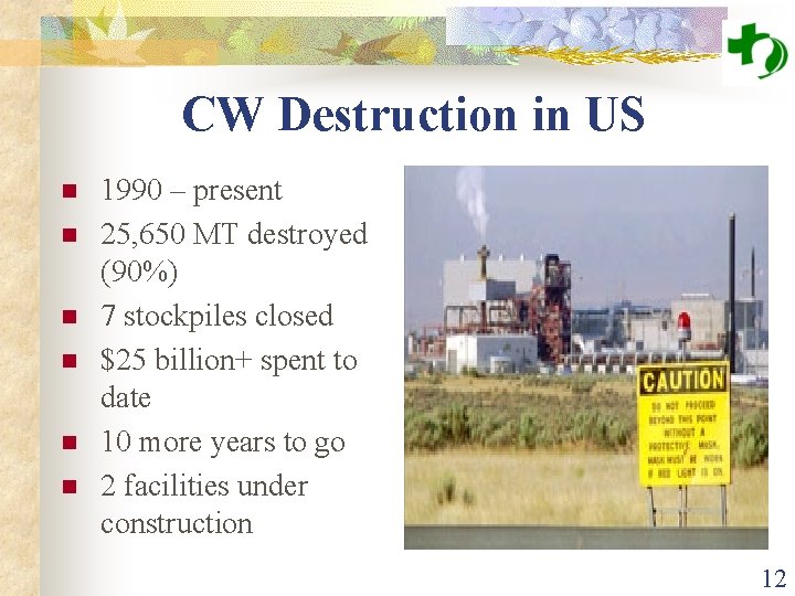 CW Destruction in US n n n 1990 – present 25, 650 MT destroyed
