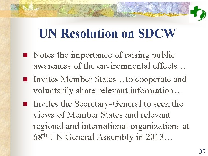 UN Resolution on SDCW n n n Notes the importance of raising public awareness
