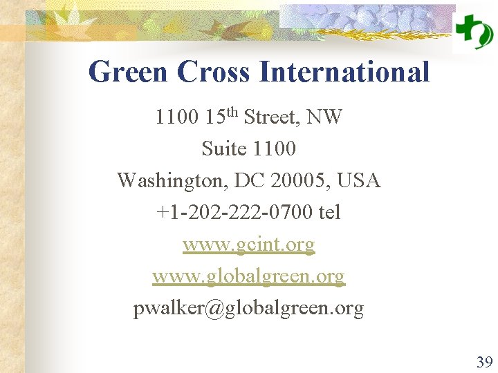 Green Cross International 1100 15 th Street, NW Suite 1100 Washington, DC 20005, USA