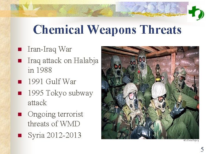 Chemical Weapons Threats n n n Iran-Iraq War Iraq attack on Halabja in 1988