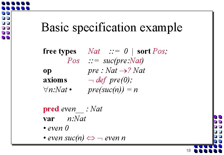 Basic specification example free types Pos op axioms n: Nat • Nat : :