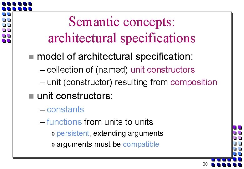 Semantic concepts: architectural specifications model of architectural specification: – collection of (named) unit constructors
