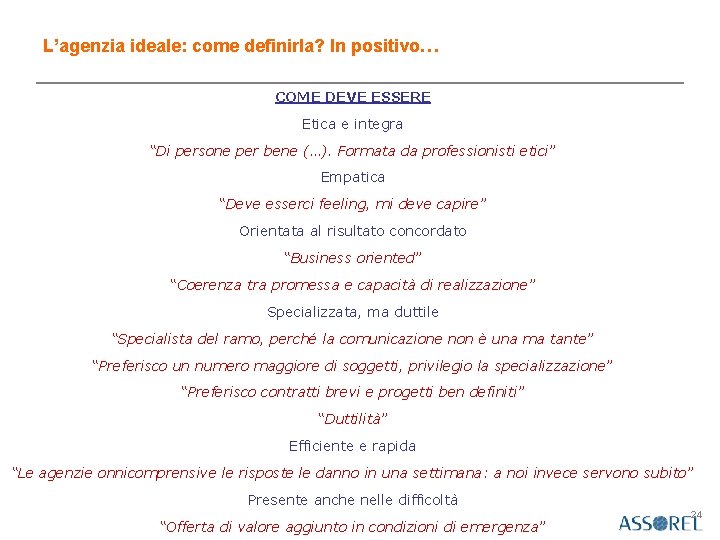 L’agenzia ideale: come definirla? In positivo… COME DEVE ESSERE Etica e integra “Di persone