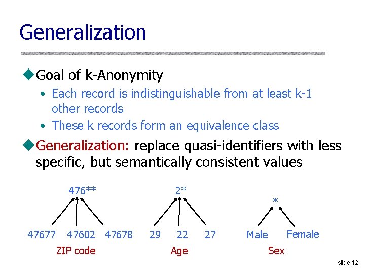 Generalization u. Goal of k-Anonymity • Each record is indistinguishable from at least k-1