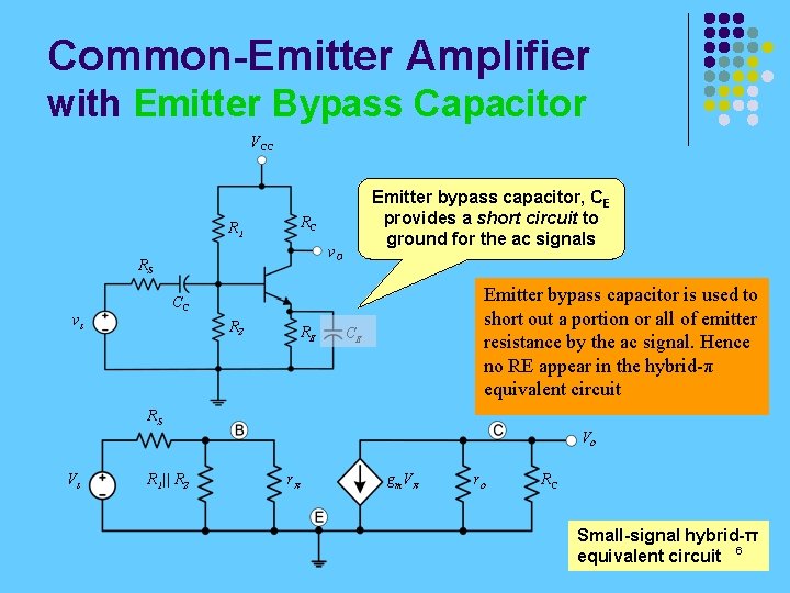 Common-Emitter Amplifier with Emitter Bypass Capacitor VCC Emitter bypass capacitor, CE provides a short