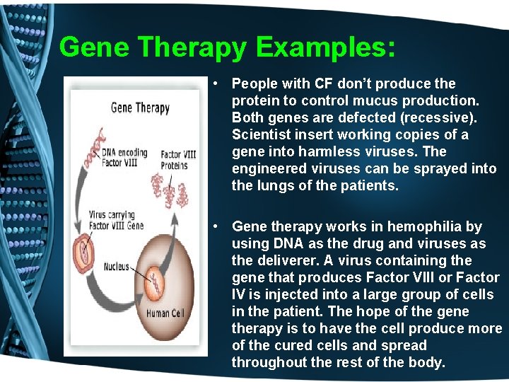 Gene Therapy Examples: • People with CF don’t produce the protein to control mucus