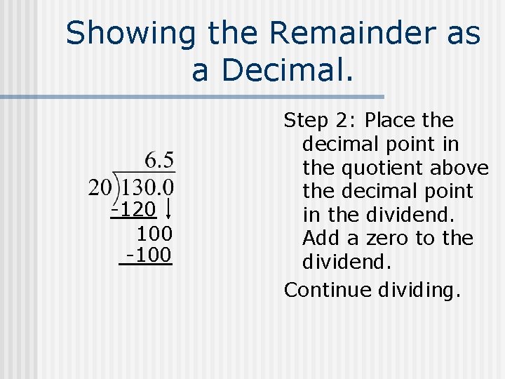 Showing the Remainder as a Decimal. -120 100 -100 Step 2: Place the decimal