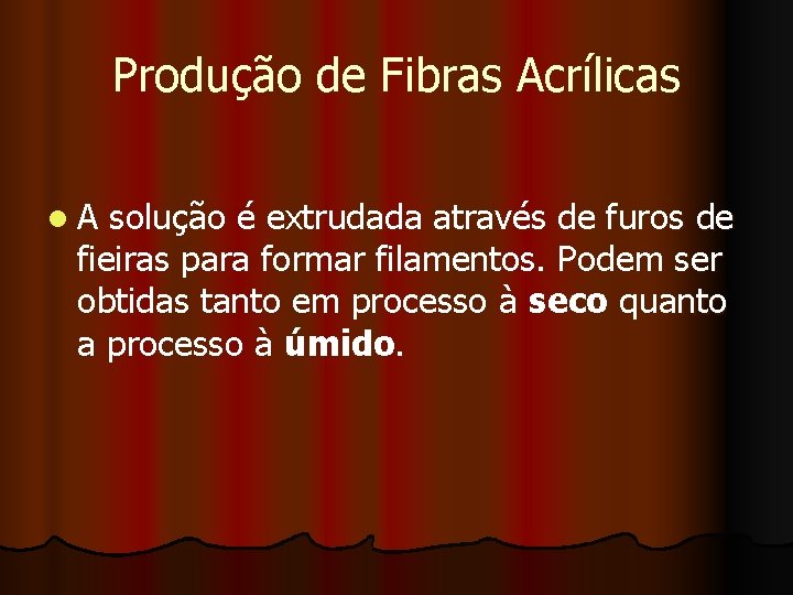 Produção de Fibras Acrílicas l. A solução é extrudada através de furos de fieiras