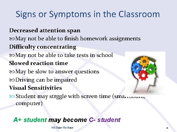 Signs or Symptoms in the Classroom Decreased attention span May not be able to