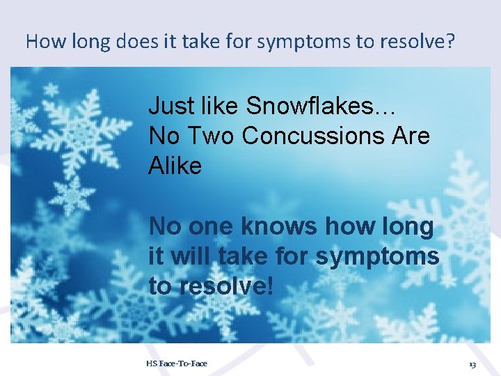 How long does it take for symptoms to resolve? Just like Snowflakes… No Two