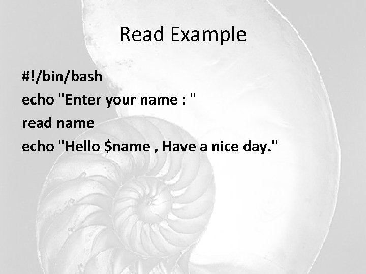 Read Example #!/bin/bash echo "Enter your name : " read name echo "Hello $name