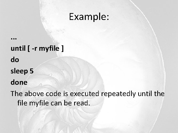 Example: . . . until [ -r myfile ] do sleep 5 done The