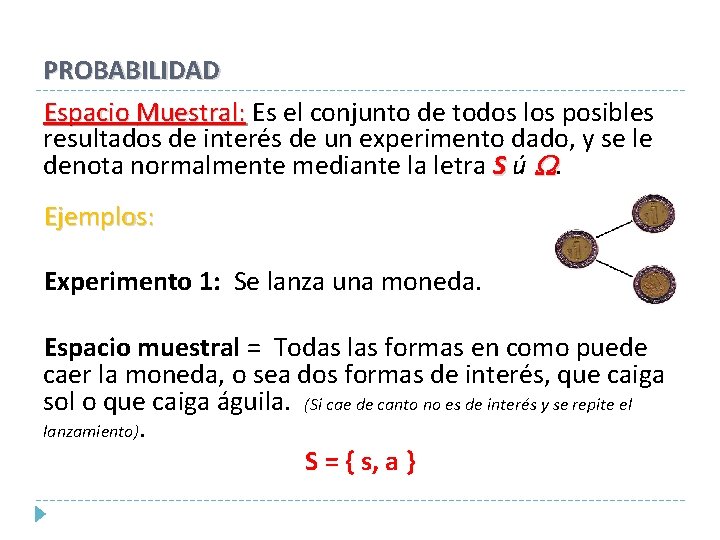 PROBABILIDAD Espacio Muestral: Es el conjunto de todos los posibles resultados de interés de PROBABILIDAD Espacio Muestral: Es el conjunto de todos los posibles resultados de interés de