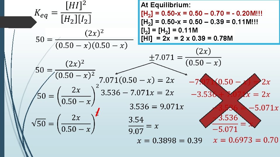  At Equilibrium: [H 2] = 0. 50 -x = 0. 50 – 0.