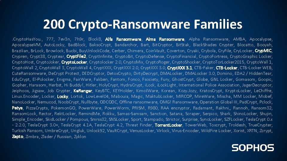 200 Crypto-Ransomware Families. Crypto. Has. You. , 777, 7 ev 3 n, 7 h