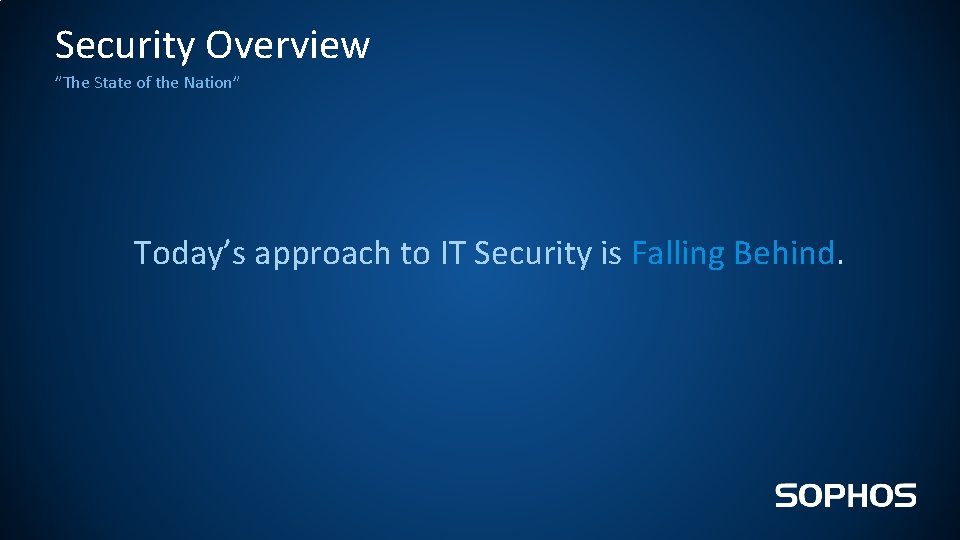 Security Overview ”The State of the Nation” Today’s approach to IT Security is Falling