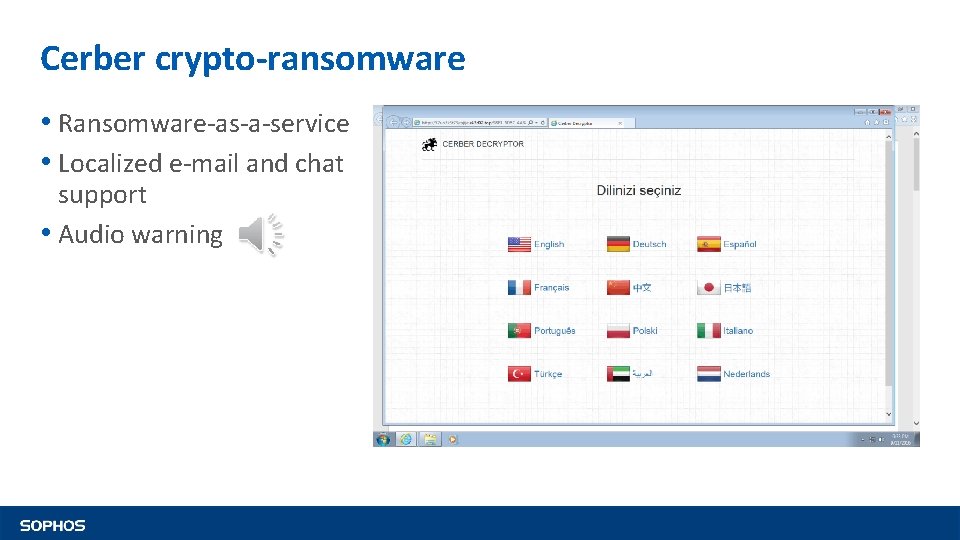 Cerber crypto-ransomware • Ransomware-as-a-service • Localized e-mail and chat support • Audio warning 