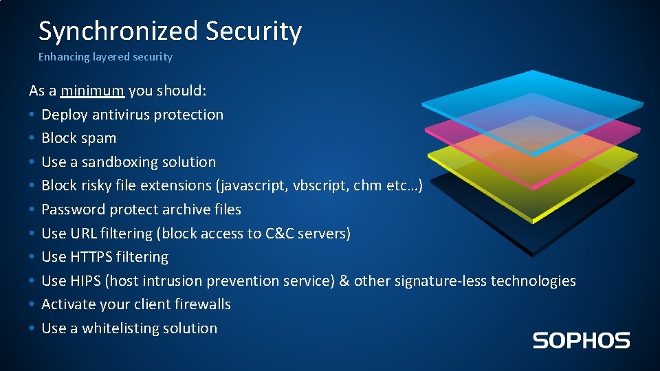 Synchronized Security Enhancing layered security As a minimum you should: • Deploy antivirus protection