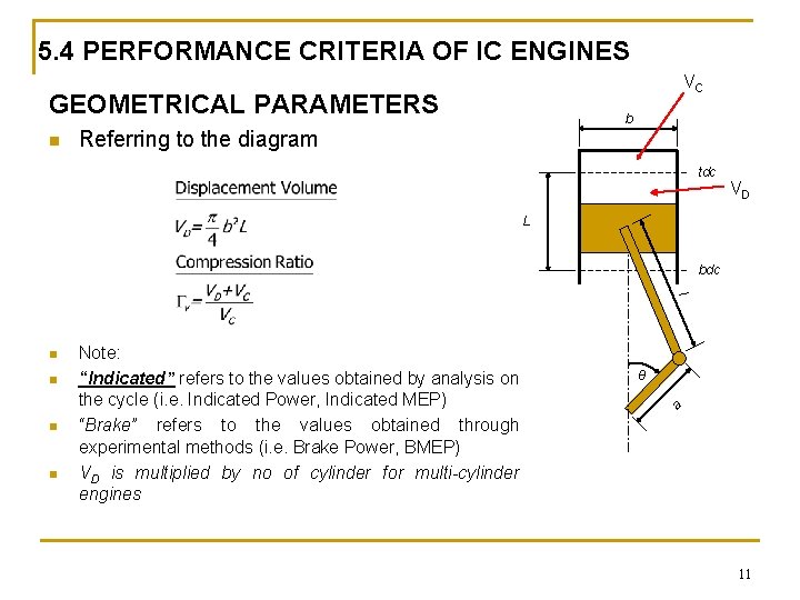 5. 4 PERFORMANCE CRITERIA OF IC ENGINES VC GEOMETRICAL PARAMETERS n b Referring to