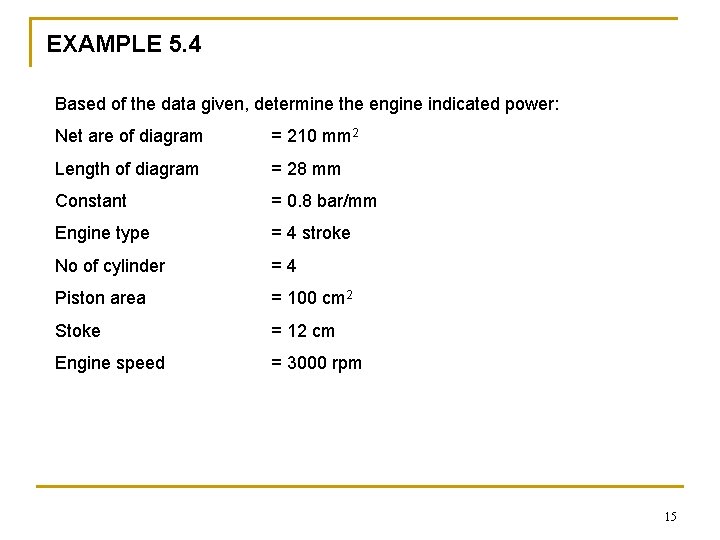 EXAMPLE 5. 4 Based of the data given, determine the engine indicated power: Net