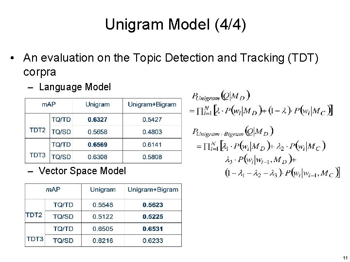 Unigram Model (4/4) • An evaluation on the Topic Detection and Tracking (TDT) corpra