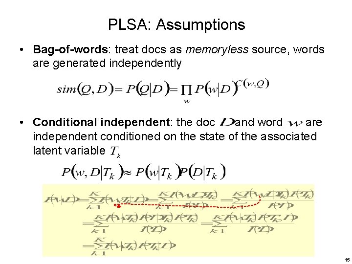 PLSA: Assumptions • Bag-of-words: treat docs as memoryless source, words are generated independently •