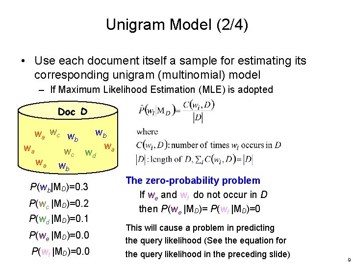 Unigram Model (2/4) • Use each document itself a sample for estimating its corresponding