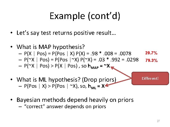Example (cont’d) • Let’s say test returns positive result… • What is MAP hypothesis?