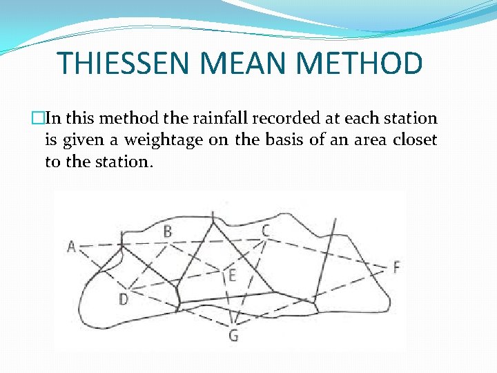 THIESSEN MEAN METHOD �In this method the rainfall recorded at each station is given