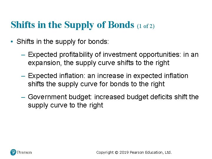 Shifts in the Supply of Bonds (1 of 2) • Shifts in the supply