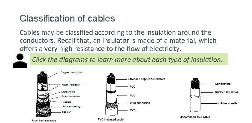 Classification of cables Cables may be classified according to the insulation around the conductors.