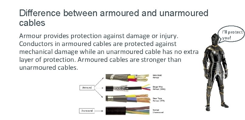 Difference between armoured and unarmoured cables Armour provides protection against damage or injury. Conductors