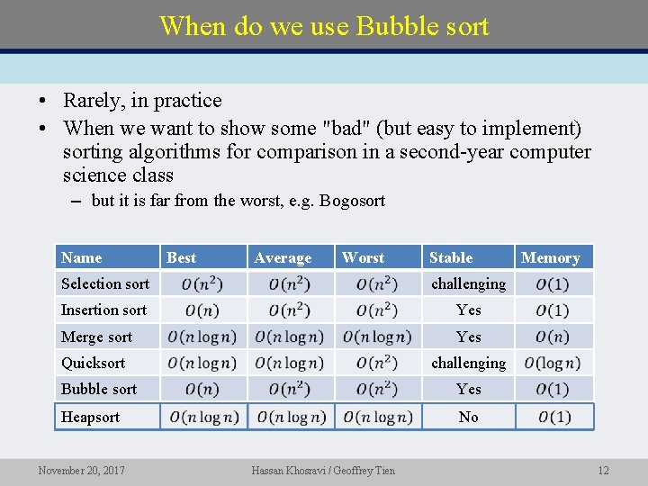 When do we use Bubble sort • Rarely, in practice • When we want