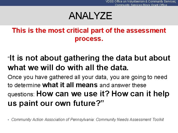 VDSS Office on Volunteerism & Community Services; Community Services Block Grant Office ANALYZE This