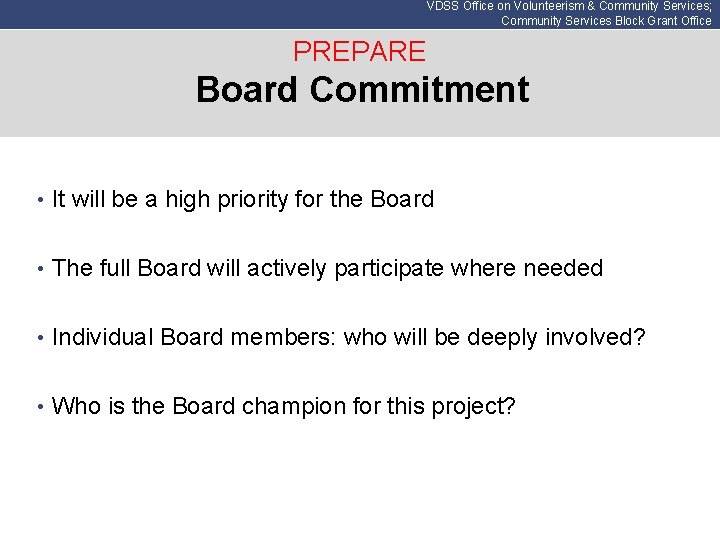 VDSS Office on Volunteerism & Community Services; Community Services Block Grant Office PREPARE Board