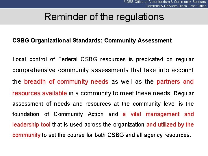 VDSS Office on Volunteerism & Community Services; Community Services Block Grant Office Reminder of