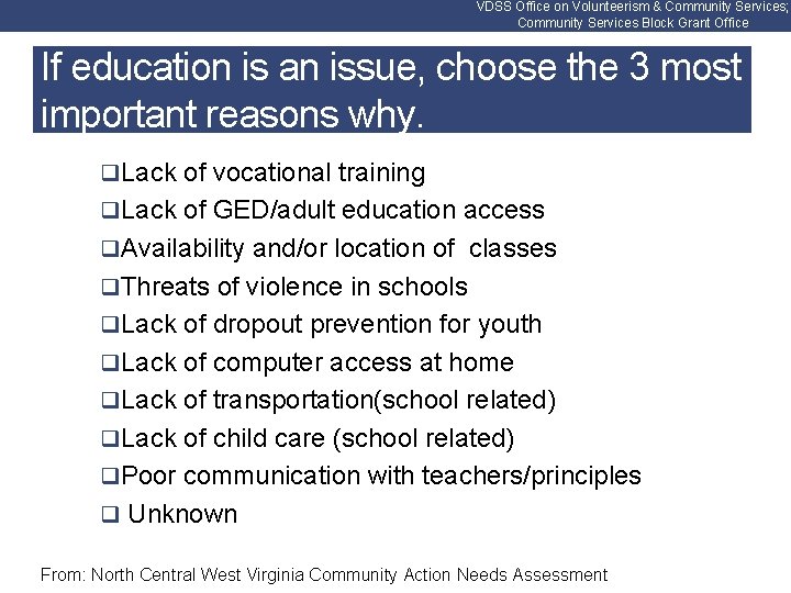 VDSS Office on Volunteerism & Community Services; Community Services Block Grant Office If education